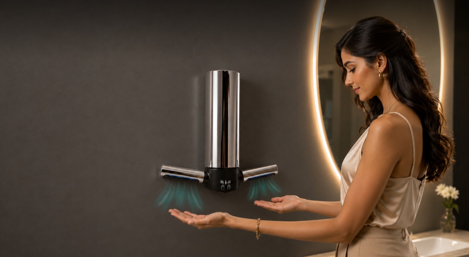Dolphy washroom automation products – hand dryer and soap dispenser installed in commercial washroom