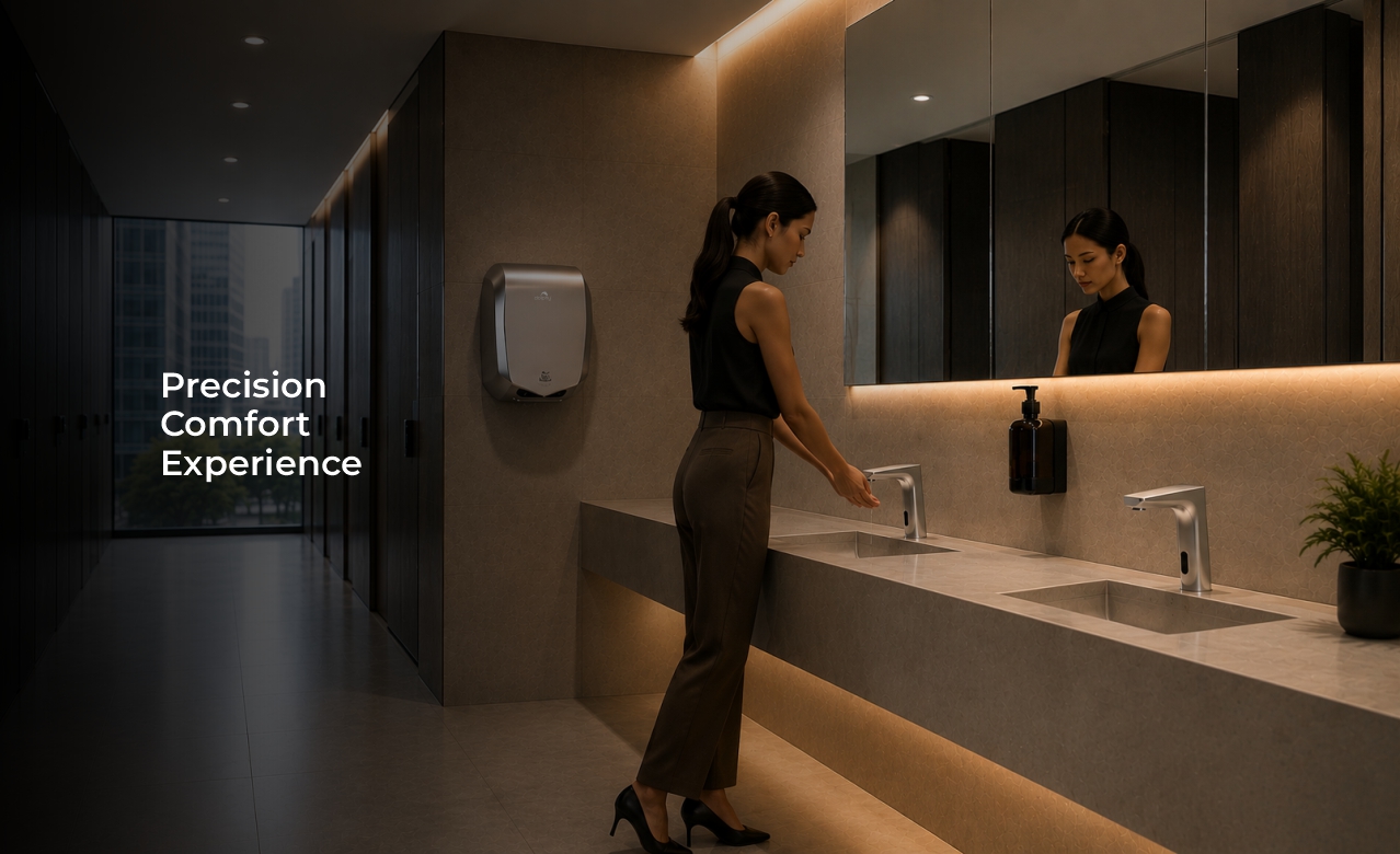 Dolphy washroom automation products – hand dryer and soap dispenser installed in commercial washroom