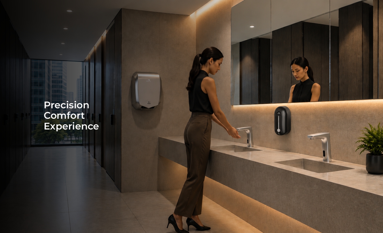 Dolphy washroom automation products – hand dryer and soap dispenser installed in commercial washroom