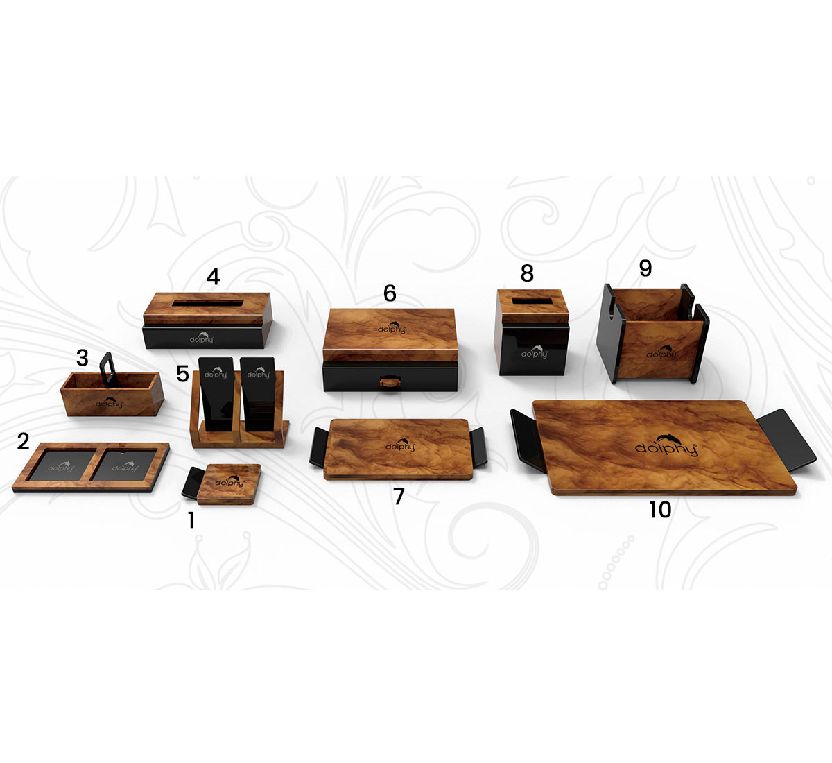 Brown wooden bathroom acrylic accessories set  
