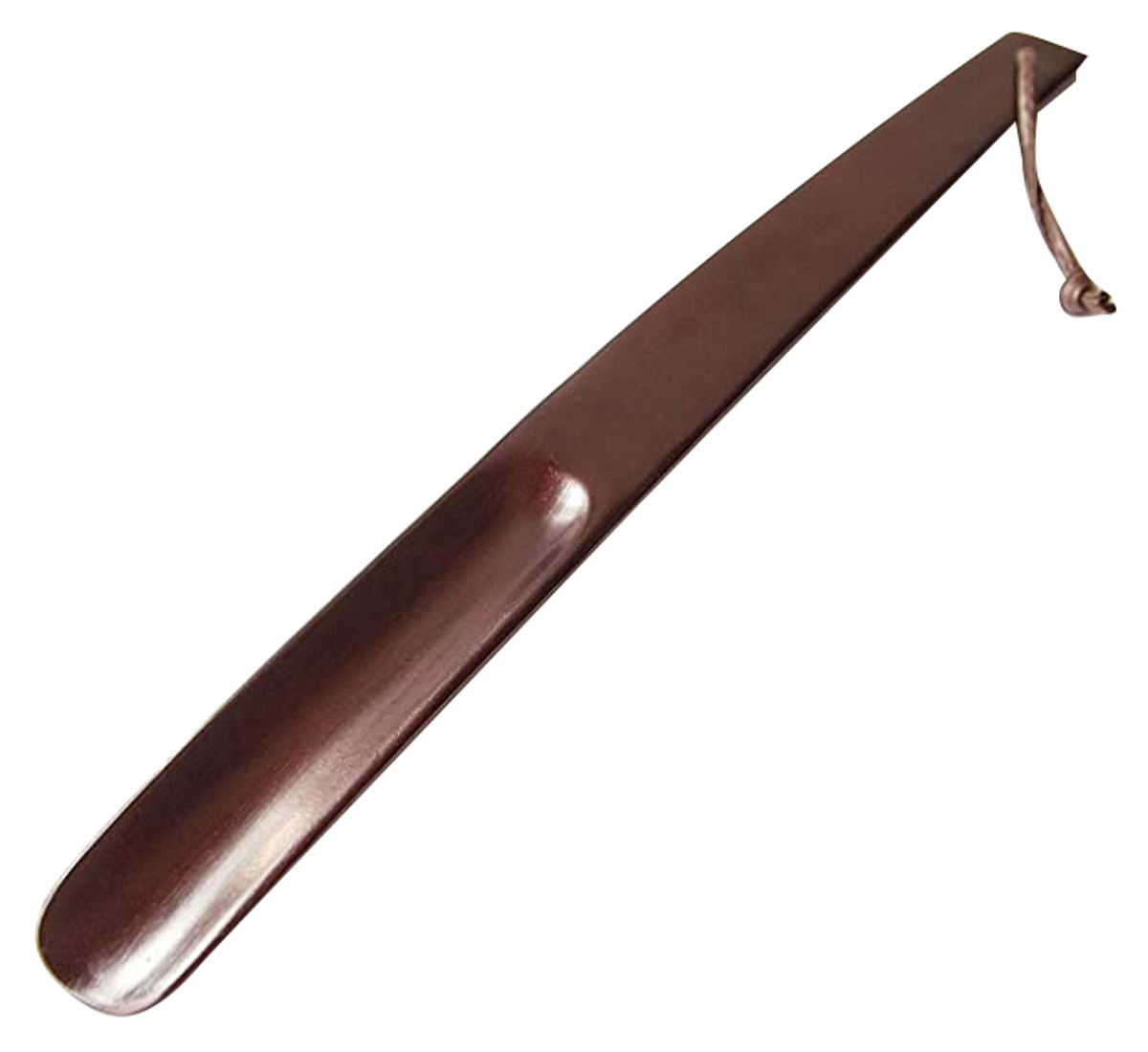 Brown natural wood shoe horn with leather thong