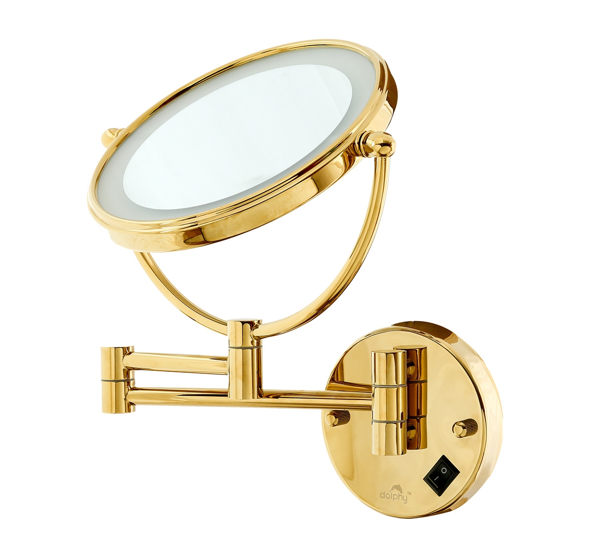 Gold wall mounted magnifying mirror with yellow LED
