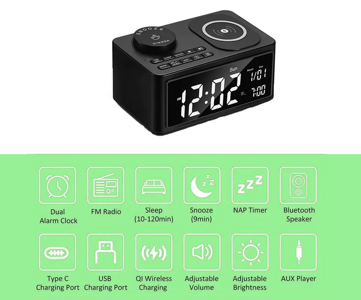 Wireless Charger Bluetooth Speaker Dual Alarm Clock  With LED Display