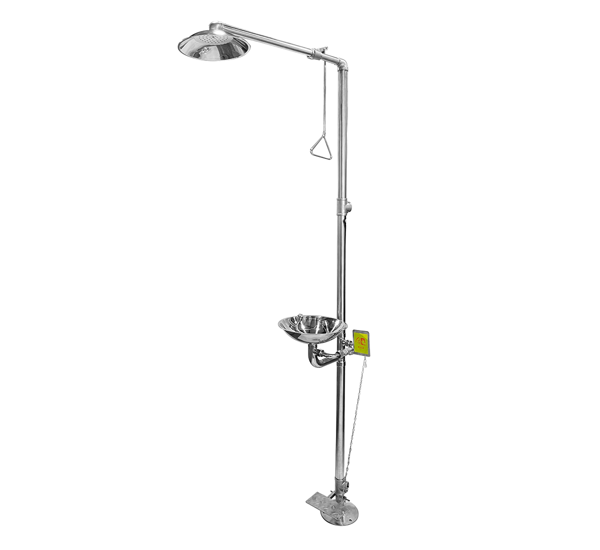 Silver floor-mounting eyewash station with body shower 