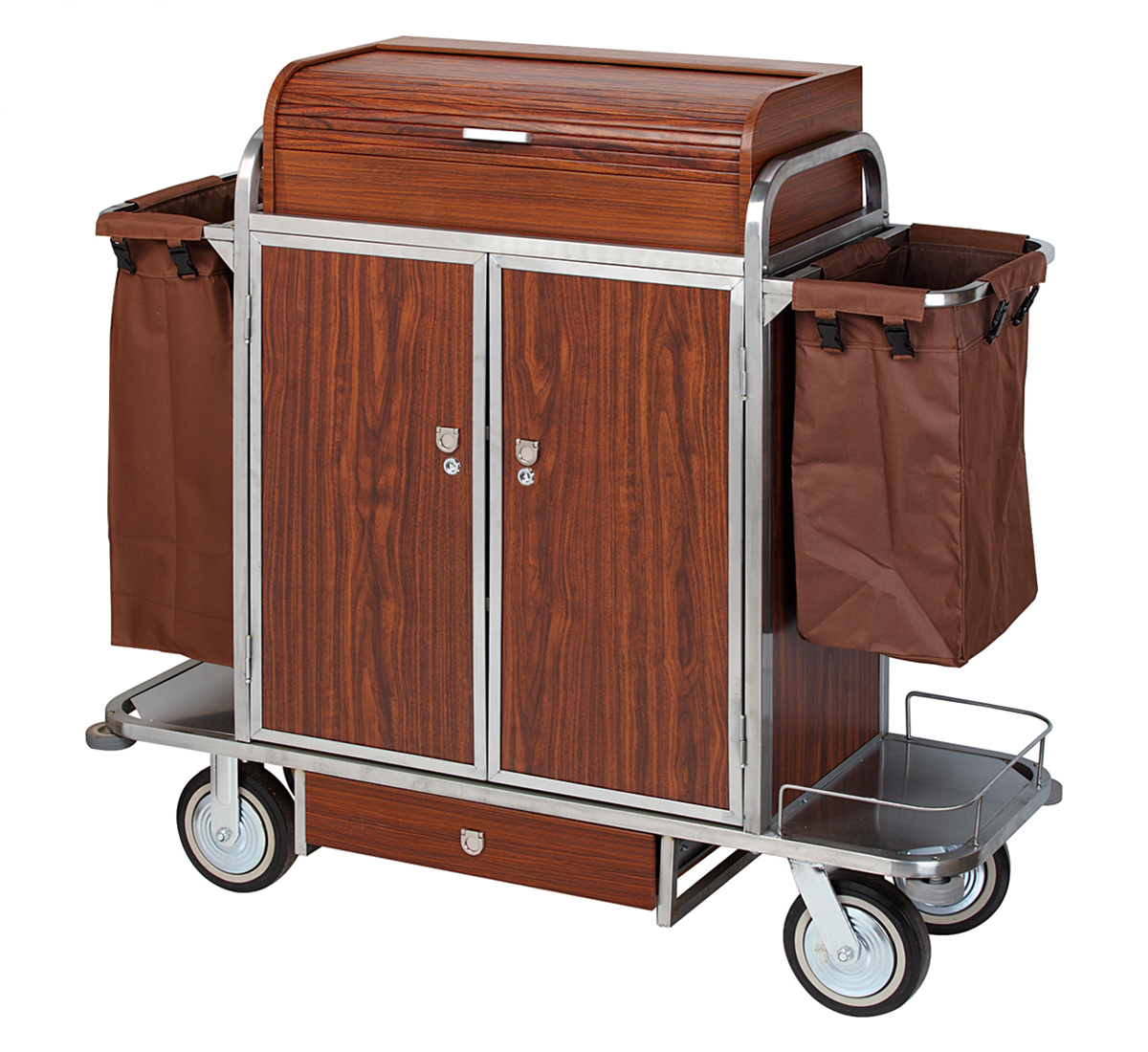 S S frame with wooden Shelves Housekeeping Trolley 